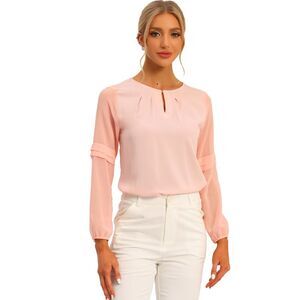 Work Tops Chiffon Shirt Semi Sheer Keyhole Neck Blouse Light Pink